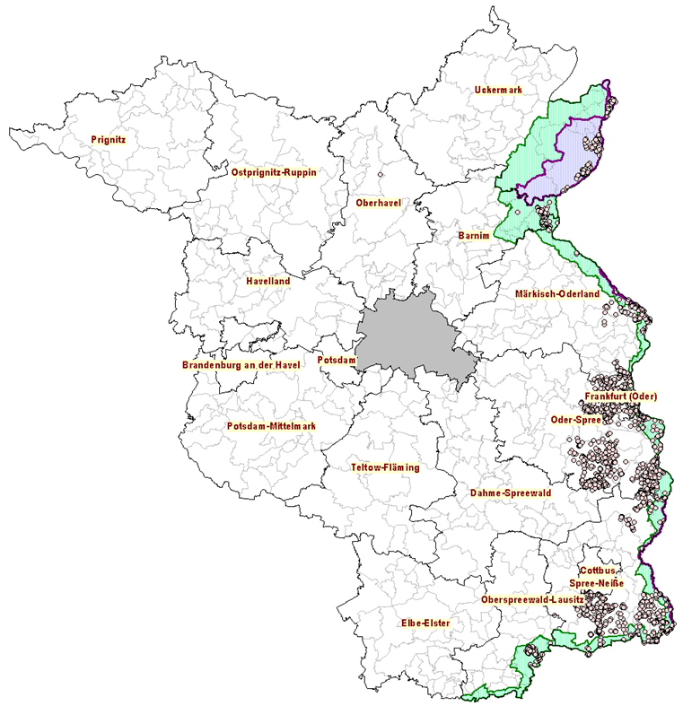 Bild:   Gesamtübersicht (Kartendarstellung) der Sperrzonen I, II und alle ASP-Ausbrüche seit 10.09.2020 im Land Brandenburg