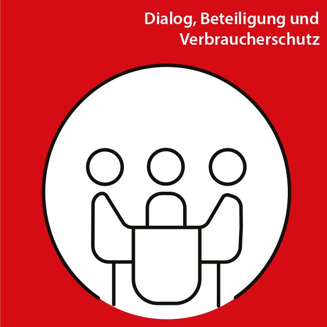 Klimaplan Icon Handlungsfeld 8.5 Stilisiertes Icon für das Handlungsfeld 8.5 Dialog, Beteiligung und Verbraucherschutz mit einer Gruppe von drei Menschen an einem Tisch.