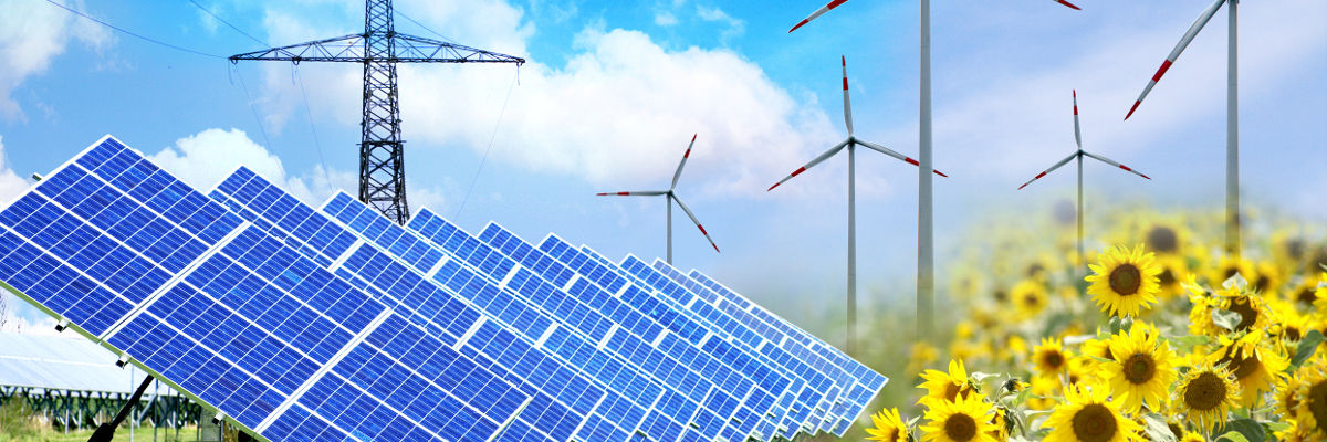 Header Erneuerbare Energien Bildmontage zu Erneuerbare Energien - Solaranlage, Windräder, Strommasten und Sonnenblumen.