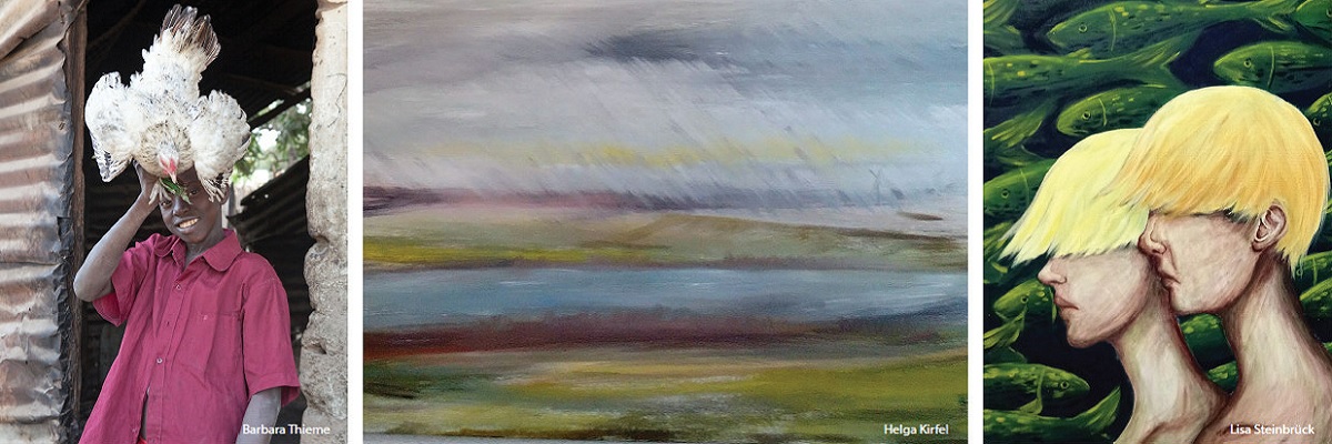 Zusammenstellung aus drei Motiven: links: Foto 'afrikanischer Junge mit Huhn' von Barbara Thieme / Mitte: Malerei Seenlandschaft mit Windrädern im Hintergrund von Helga Kirfel / rechts: Malerei 'Zwei blonde Menschenköpfe vor einem Hintergrund aus grünen Fischen' von Lisa Steinbrück