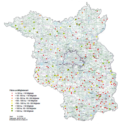 Grafik Karte der Forstbetriebsgemeinschaften in Brandenburg: Darstellung nach Fläche und Mitgliedern, Stand: 12/2024