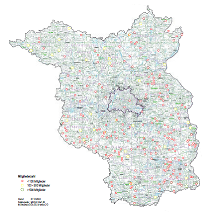 Grafik Karte der Forstbetriebsgemeinschaften in Brandenburg: Darstellung nach Mitgliedern, Stand: 12/2024