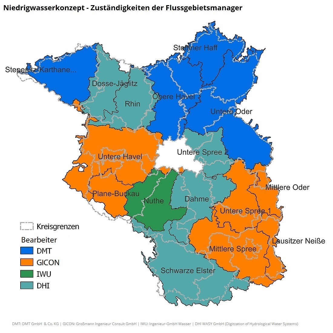 Karte zum Niedrigwasserkonzept mit Kennzeichnung der Regionen für die zuständigen Flussgebietsmanager