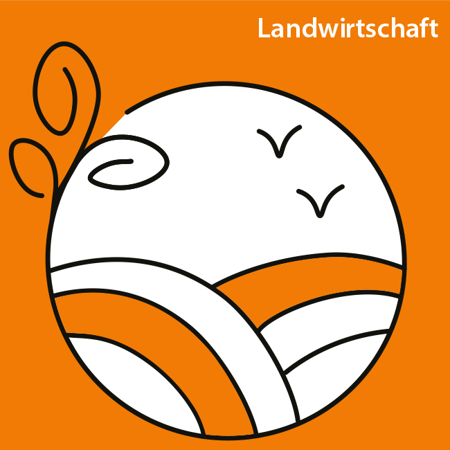 Stilisiertes Icon für das Handlungsfeld 5 Landwirtschaft Feld und darüberfliegenden Vögeln.
