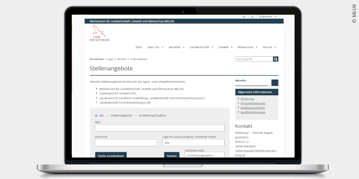 Screenshot der Webseite Stellenangebote im MLUK.
