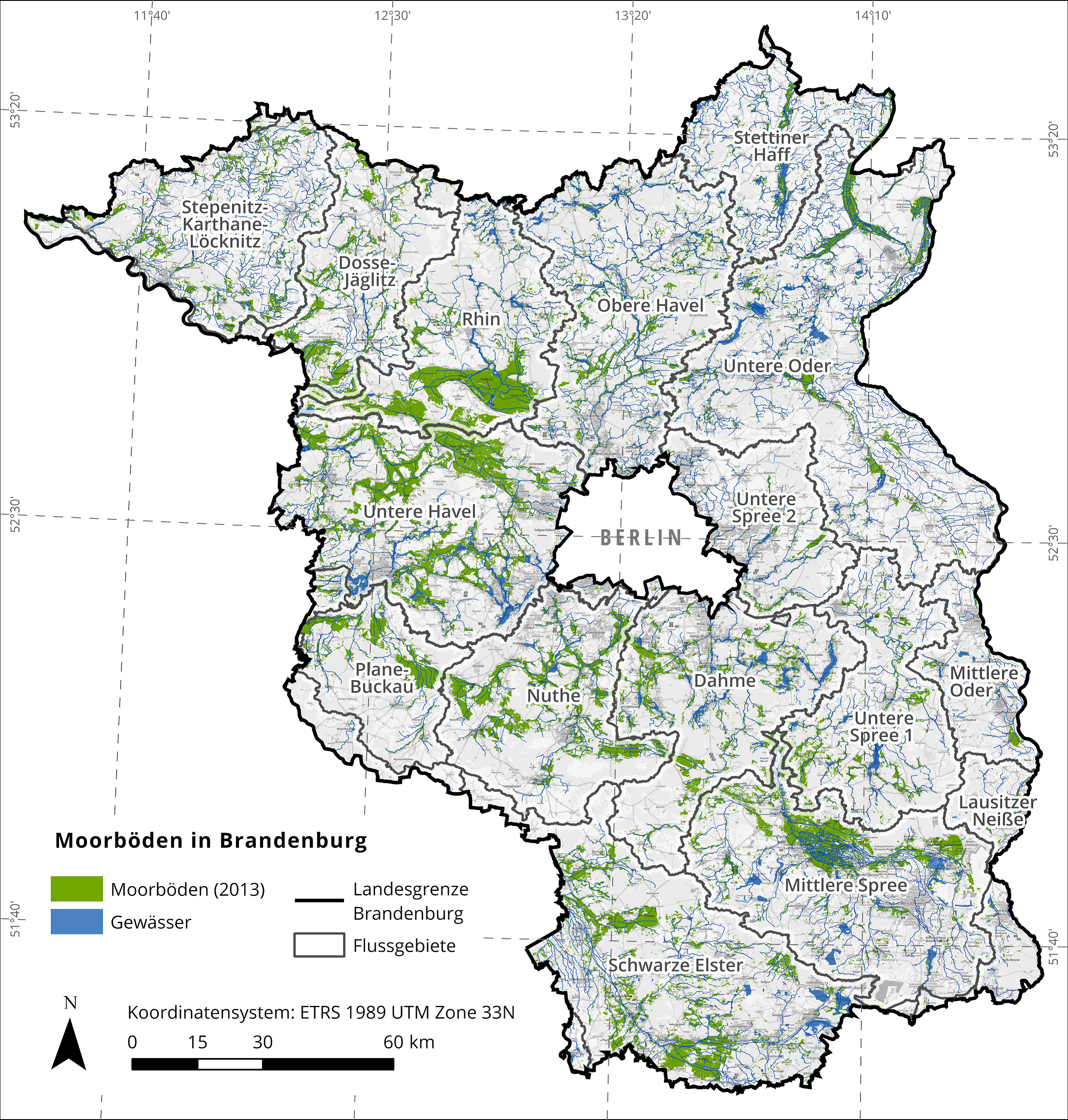 Karte Moorböden in Brandenburg Karte Moorböden in Brandenburg mit Flussgebietsgrenzen
