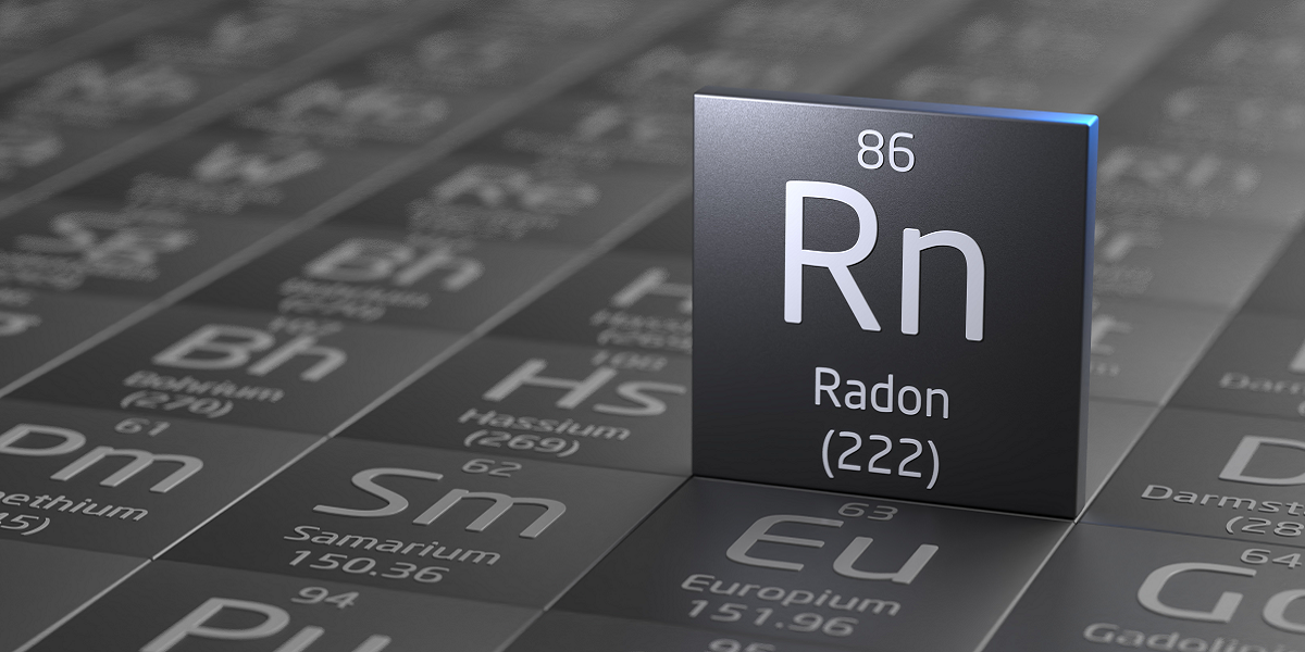 Bild: Radon Element Nummer 86 des Periodensystems, 3D-Ilustration metallic
