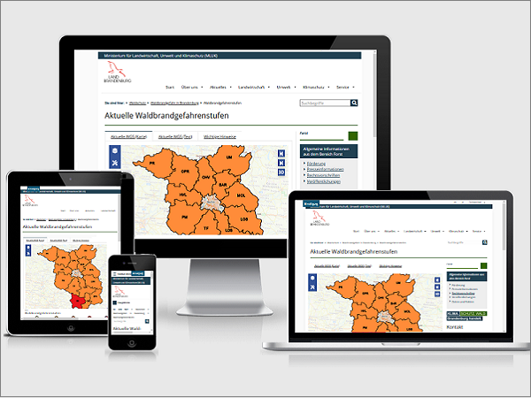 Vorschaubild der Waldbrangefahrenstufen auf unterschiedlichen Geräten (Computerbildschirm, Handy und Tablet)