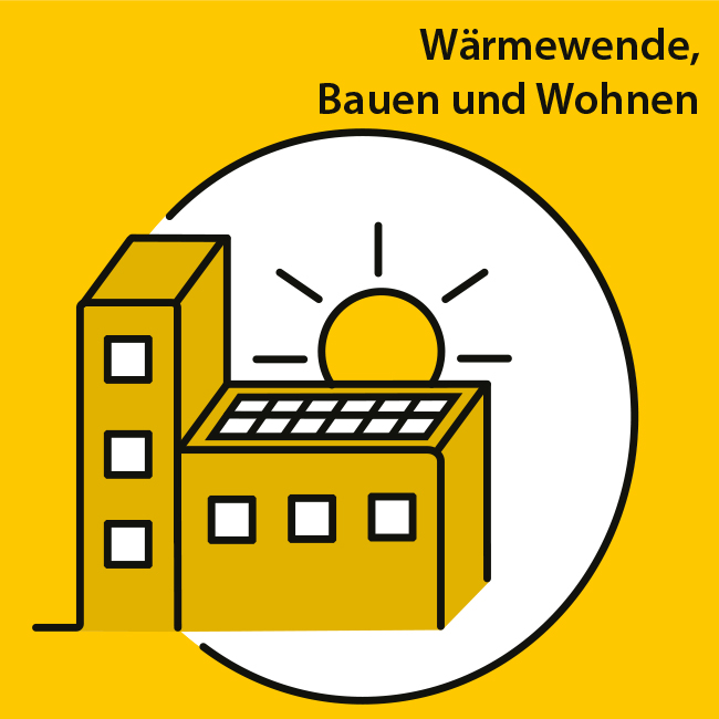 Klimaplan Icon Handlungsfeld 3 Stilisiertes Icon für das Handlungsfeld 3 Wärmewende, Bauen, Wohnen 2 Wohnhaus mit Solardach und einer strahlenden Sonne.