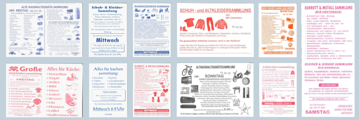 Elf unterschiedliche Wurfzettel für Abfallsammlungen.