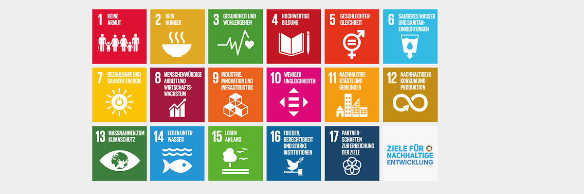 Icons für die globalen Ziele der nachhaltigen Entwicklung: 1 Keine Armut, 2 keine Hungersnot, 3 Gute Gesundheitsversorgung, 4 hochwertige Bildung, 5 Gleichberechtigung der Geschlechter, 6 sauberes Wasser und sanitäre Einrichtungen, 7 Erneuerbare Energien, 8 Gute Arbeitsplätze und wirtschaftliches Wachstum, 9 Innovation und Infrastruktur, 10 Reduzierte Ungleichheiten, 11 Nachhaltige Städte und Gemeinden, 12 Verantwortungsvoller Konsum, 13 Maßnahmen zum Klimaschutz, 14 Leben unter dem Wasser, 15 Leben an Land, 16 Frieden und Gerechtigkeit, 17Partnerschaften um die Ziele zu erreichen