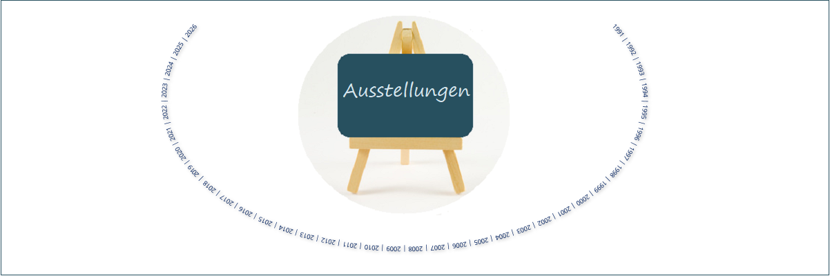 Montage: Staffelei auf der ein Rotes Bild mit dem Schriftzug Ausstellung in weißer Schrift - außen herum verläuft eine Zahlenspirale 1991 bis 2025