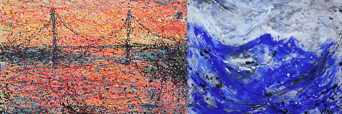 links: the bridge, Öl auf Leinwand, 75x115 cm, 2022 Sebastian Kommerell | rechts: Tosend, Acryl und Regenwasser auf Nessel, 100x120cm, 2023, Ute Manoloudakis