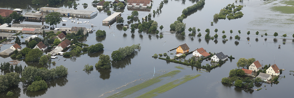 Luftaufnahme: Hochwasser an der Elbe - eine überflutete Siedlung