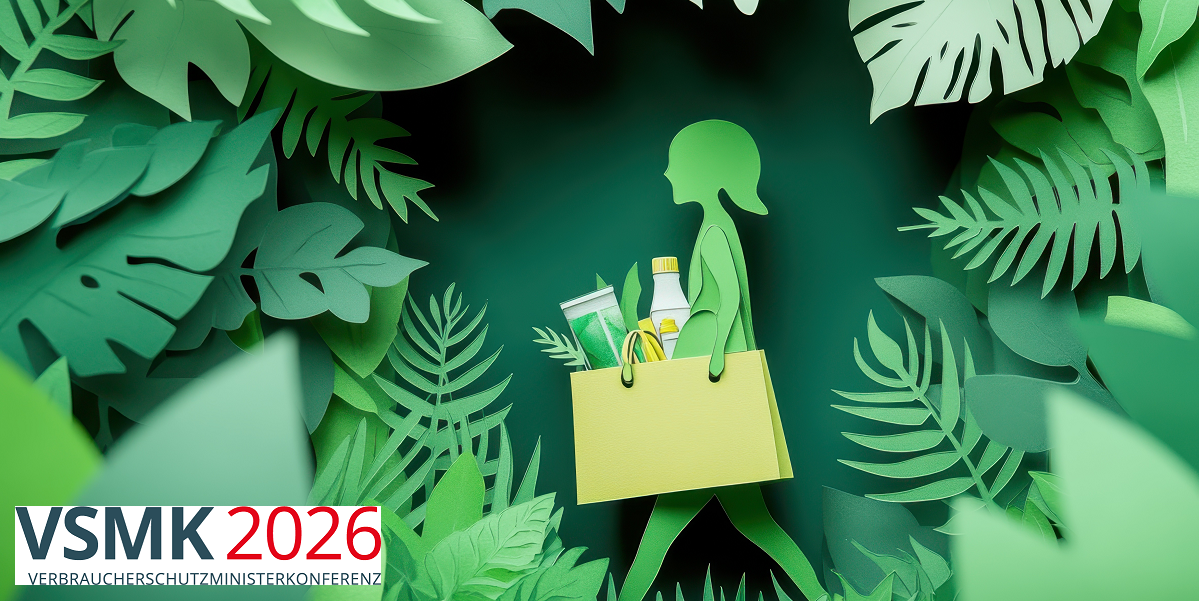 Bild: Nachhaltige Konsumentscheidungen - Person im Scherenschnitt-Stil mit wiederverwendbarer Einkaufstasche umringt von grünem Blättern, gefüllt mit umweltfreundlichen Produkten für den Klimaschutz, Verbraucherinformationen 