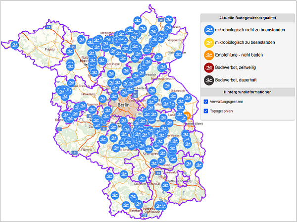 Symbolbild: Screen Badestellenkarte Brandenburg mit Legende