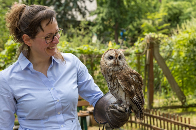 Umweltministerin Hanka Mittelstädt mit einem echten Artgenossen der "Naturschutzeule" auf dem Arm.   (© MLEUV)
