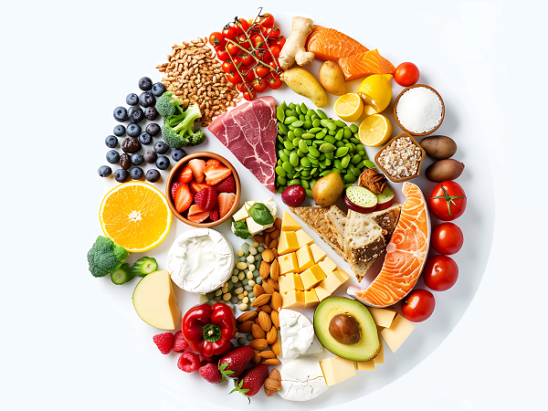 Gesund ernähren Draufsicht auf einen Teller mit verschiedenen Gemüsesorten, Obst und Käse, isoliert auf weißem Hintergrund