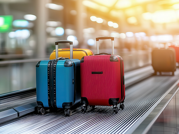 Reise, Mobilität, Urlaub, Verkehr (KI-generiert) Förderband Flughafen Transport für Passagiere. Gepäckstück auf einem Förderband in einem Flughafenterminal.