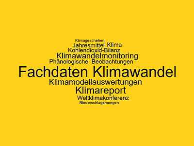 Wortwolke mit Begriffen: Klimawandel, Klimamodellauswertung, Klimareport, Weltklimakonferenz, Klimawandelmonitoring