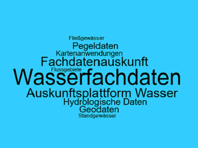 Wortwolke mit Begriffen: Wasserfachdaten, Auskunfsplattform Wasser, Pegeldaten, Hydrologische Daten, Kartenanwendungen, Fachdatenauskunft