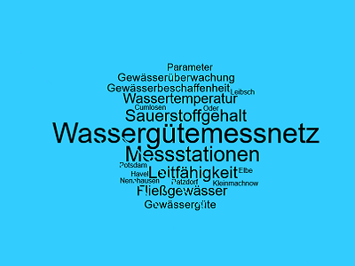 Wortwolke mit Begriffen: Wassergütemessnetz, GEwässerbeschaffenheit, Wassertemperatur, Sauerstoffgehalt, Messstationen, Leitfähigkeit, Parameter